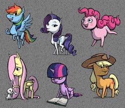 Size: 1500x1293 | Tagged: safe, artist:dalapony, angel bunny, applejack, fluttershy, pinkie pie, rainbow dash, rarity, twilight sparkle, alicorn, earth pony, pegasus, pony, rabbit, unicorn, g4, animal, book, caricature, eye clipping through hair, female, male, mane six, mare, style emulation, the legend of zelda, the legend of zelda: the wind waker, twilight sparkle (alicorn)