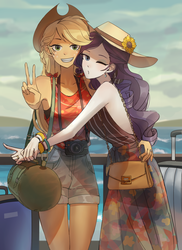 Size: 1600x2200 | Tagged: safe, artist:tcn1205, applejack, rarity, equestria girls, g4, boat, camera, clothes, cowboy hat, cute, female, hat, jackabetes, lesbian, looking at you, one eye closed, raribetes, ring, ship:rarijack, shipping, smiling, swimsuit, vacation, wedding ring