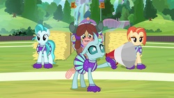 Size: 1920x1080 | Tagged: safe, screencap, lighthoof, ocellus, shimmy shake, yona, changedling, changeling, pony, yak, 2 4 6 greaaat, g4, cheerleader ocellus, cheerleader outfit, cheerleader yona, clothes, hay bale, megaphone