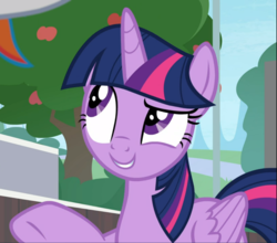 Size: 1068x938 | Tagged: safe, screencap, twilight sparkle, alicorn, pony, 2 4 6 greaaat, g4, cropped, female, mare, smiling, solo, thinking, twilight sparkle (alicorn)