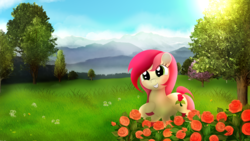 Size: 5120x2880 | Tagged: safe, artist:startledflowerpony, roseluck, pony, g4, female, flower, grass, rose, scenery, solo, tree