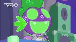 Size: 1191x670 | Tagged: safe, edit, edited screencap, editor:undeadponysoldier, screencap, spike, dragon, g4, she's all yak, amplifier, clothes, deadmau5, discovery family logo, dj scales and tail, glowing eyes, glowing mouth, male, mask, microphone, solo, winged spike, wings