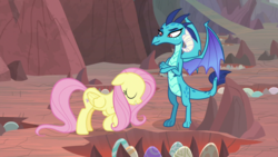 Size: 1920x1080 | Tagged: safe, screencap, fluttershy, princess ember, dragon, pegasus, pony, g4, sweet and smoky, bowing, crossed arms, dragon egg, dragon lands, dragoness, duo, eyes closed, female, mare