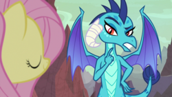 Size: 1920x1080 | Tagged: safe, screencap, fluttershy, princess ember, dragon, pony, g4, sweet and smoky, dragoness, female, mare, pointing, pointing at self, solo focus