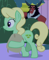 Size: 689x838 | Tagged: safe, screencap, apple honey, lord tirek, centaur, earth pony, pony, g4, the summer sun setback, apple family member, background pony, cropped, eavesdropping, female, flour sack, hiding in bushes, holding a sack, male, mare, moments before disaster, night, sack, walking