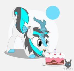 Size: 1276x1226 | Tagged: safe, artist:wheatley r.h., derpibooru exclusive, oc, oc only, oc:blizzard flare, kirin, birthday, birthday cake, birthday candles, cake, cloven hooves, cute, eyes on the prize, face down ass up, female, food, gray eyes, hair, happy, horn, kirin oc, mare, plate, simple background, single panel, solo, tongue out, two toned mane, two toned tail, vector, watermark, white background