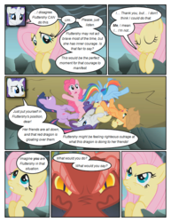 Size: 612x792 | Tagged: safe, artist:newbiespud, edit, edited screencap, screencap, applejack, basil, fluttershy, pinkie pie, rainbow dash, rarity, twilight sparkle, dragon, earth pony, pegasus, pony, unicorn, comic:friendship is dragons, dragonshy, g4, angry, cliff, comic, dialogue, eyes closed, female, freckles, hat, looking down, looking up, male, mane six, mare, on back, screencap comic, slit pupils, smoke, unicorn twilight