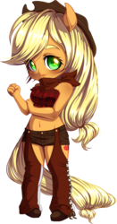Size: 647x1235 | Tagged: safe, artist:kittehkatbar, applejack, earth pony, anthro, g4, bandana, chaps, clothes, female, mare, shorts, simple background, solo, transparent background