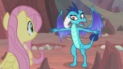 Size: 1920x1080 | Tagged: safe, screencap, fluttershy, princess ember, dragon, pegasus, pony, g4, sweet and smoky, dragon egg, dragoness, duo, egg, female, mare, outstretched arms, spread arms, t pose