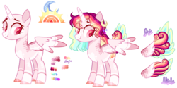 Size: 2331x1164 | Tagged: safe, artist:manella-art, oc, oc:sunny moonlight, alicorn, pony, alicorn oc, alternate tailstyle, alternate universe, colored wings, cutie mark, magical lesbian spawn, moon, multicolored hair, multicolored wings, offspring, parent:rainbow dash, parent:twilight sparkle, parents:twidash, reference sheet, stars, wings