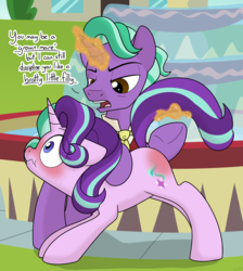 Size: 1600x1785 | Tagged: safe, artist:dativyrose, firelight, starlight glimmer, pony, unicorn, art pack:bucked-red-bongos, g4, blushing, dialogue, embarrassed, exhibitionism, father and daughter, female, firelight glimmer, glimmercest, humiliation, incest, male, public humiliation, punishment, reddened butt, scrunchy face, shipping, spank mark, spanking, straight, tail lift