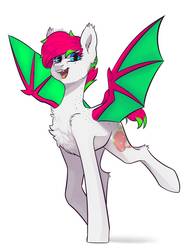 Size: 978x1323 | Tagged: safe, artist:chibadeer, oc, oc only, oc:pit, bat pony, pony, chest fluff, ear fluff, female, mare, open mouth, simple background, solo, spread wings, white background, wings