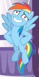 Size: 292x573 | Tagged: safe, screencap, rainbow dash, pegasus, pony, g4, the summer sun setback, cropped, faic, fake smile, female, flying, hooves on hips, lies, mare, nervous, nervous smile, rainbow dash is best facemaker, rainbowsnap, smiling, solo focus