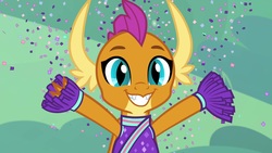 Size: 1920x1080 | Tagged: safe, screencap, smolder, dragon, 2 4 6 greaaat, g4, cheerleader outfit, cheerleader smolder, claws, clothes, confetti, cute, dragoness, fangs, female, grin, hnnng, horns, pom pom, slit pupils, smiling, smolderbetes, solo, toothy grin, when she smiles