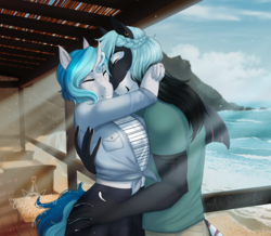 Size: 3795x3302 | Tagged: safe, artist:askbubblelee, oc, oc:bubble lee, oc:mako, orca pony, original species, unicorn, anthro, anthro oc, couple, cute, cute little fangs, duo, fangs, female, front knot midriff, high res, hug, makolee, male, mare, midriff, oc x oc, shipping, story in the source, straight