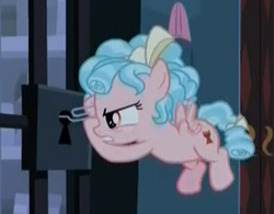 Size: 334x260 | Tagged: safe, screencap, cozy glow, pegasus, pony, g4, the summer sun setback, cozy glow is not amused, cropped, determined, female, filly, foal, grimace, locked door, lockpicking, narrowed eyes, paper clip, solo