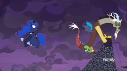 Size: 1920x1080 | Tagged: safe, screencap, discord, princess luna, alicorn, draconequus, pony, g4, the summer sun setback, breaking the fourth wall, cloud, confused, discovery family logo, eyes closed, female, flying, male, mare, night, shocked, smiling, static