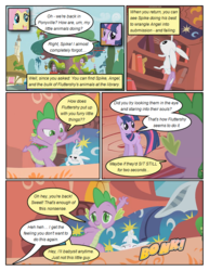 Size: 612x792 | Tagged: safe, artist:newbiespud, edit, edited screencap, screencap, angel bunny, fluttershy, spike, twilight sparkle, dragon, pony, rabbit, unicorn, comic:friendship is dragons, dragonshy, g4, abuse, angelbuse, animal, bed, book, bookshelf, comic, dialogue, female, looking down, looking up, male, mare, onomatopoeia, screencap comic, slit pupils, unicorn twilight
