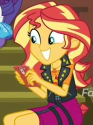 Size: 490x658 | Tagged: safe, screencap, rarity, sunset shimmer, costume conundrum, equestria girls, equestria girls series, g4, spoiler:eqg series (season 2), cellphone, cropped, female, geode of empathy, invite, iphone, magical geodes, phone, sitting, smartphone, smiling, stairs, sunset's apartment, text