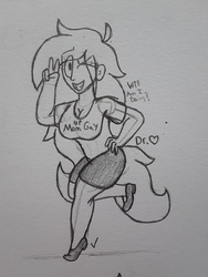 Size: 2576x1932 | Tagged: safe, artist:drheartdoodles, oc, oc:mamma, human, big breasts, breasts, cleavage, clothes, female, humanized, milf, one eye closed, peace sign, shorts, smiling, solo, traditional art, wink