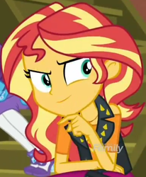 Size: 854x1035 | Tagged: safe, screencap, rarity, sunset shimmer, costume conundrum, equestria girls, g4, my little pony equestria girls: better together, cropped, discovery family logo, female, geode of empathy, magical geodes, scheming, sitting, smiling, solo focus, stairs, sunset's apartment