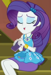 Size: 712x1044 | Tagged: safe, screencap, rarity, costume conundrum, equestria girls, equestria girls series, g4, spoiler:eqg series (season 2), cellphone, clothes, cropped, eyes closed, female, geode of shielding, guitar, iphone, magical geodes, musical instrument, pencil skirt, phone, rarity peplum dress, sitting, skirt, smartphone, smiling, solo, stairs, sunset's apartment