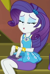 Size: 730x1066 | Tagged: safe, screencap, rarity, costume conundrum, equestria girls, g4, my little pony equestria girls: better together, cellphone, clothes, cropped, geode of shielding, guitar, iphone, lidded eyes, magical geodes, musical instrument, pencil skirt, phone, rarity peplum dress, sitting, skirt, smartphone, stairs, sunset's apartment