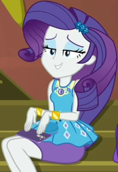 Size: 732x1071 | Tagged: safe, screencap, rarity, costume conundrum, equestria girls, equestria girls series, g4, spoiler:choose your own ending (season 2), spoiler:eqg series (season 2), clothes, cropped, female, geode of shielding, guitar, lidded eyes, magical geodes, musical instrument, pencil skirt, rarity peplum dress, sitting, skirt, smiling, solo, stairs, sunset's apartment