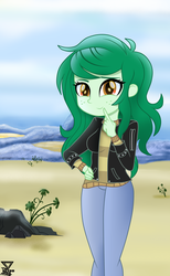 Size: 1500x2442 | Tagged: safe, artist:theretroart88, wallflower blush, equestria girls, equestria girls series, g4, beach, clothes, cute, female, flowerbetes, jacket, leather jacket, looking at you, messy hair, ocean, plants, rock, sand, sky, smiling, smiling at you, solo, water