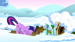 Size: 1920x1080 | Tagged: safe, edit, edited screencap, screencap, princess celestia, spike, twilight sparkle, bird, chicken, pony, snake, unicorn, between dark and dawn, g4, winter wrap up, animated, backing away, bare hooves, flying, like mentor like student, like student like mentor, motion blur, no sound, scared, shaking, spread wings, that princess sure is afraid of chickens, tree, tree branch, unicorn twilight, webm, wings