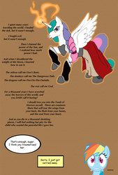 Size: 800x1181 | Tagged: safe, artist:newbiespud, artist:thousandyearsunrise, princess celestia, rainbow dash, alicorn, pegasus, pony, comic:friendship is dragons, g4, alternate hairstyle, braid, clothes, collaboration, comic, dialogue, female, frown, glowing horn, horn, mare, pyromancy, raised hoof