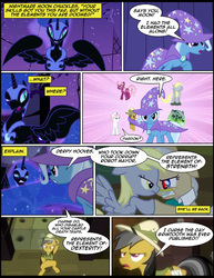 Size: 612x792 | Tagged: safe, artist:newbiespud, artist:thedigodragon, edit, edited screencap, screencap, cheerilee, daring do, derpy hooves, mayor mare, nightmare moon, nurse redheart, trixie, zecora, alicorn, pony, robot, robot pony, zebra, comic:friendship is dragons, g4, cape, clothes, collaboration, comic, dialogue, ethereal mane, female, glasses, hat, mare, pith helmet, screencap comic, starry mane