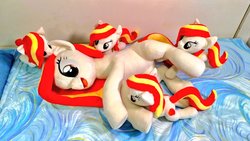 Size: 1024x577 | Tagged: safe, artist:nekokevin, oc, oc only, oc:poniko, earth pony, pony, female, irl, mare, multeity, nibbling, nom, open mouth, photo, plushie, self ponidox, size difference, smiling