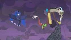 Size: 1272x715 | Tagged: safe, screencap, discord, princess luna, alicorn, draconequus, pony, g4, the summer sun setback, breaking the fourth wall, female, mare, reality warp, static