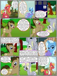 Size: 600x800 | Tagged: safe, artist:dragontrainer13, artist:newbiespud, edit, edited screencap, screencap, big macintosh, derpy hooves, doctor whooves, time turner, trixie, earth pony, pegasus, pony, unicorn, comic:friendship is dragons, g4, apple, cape, clothes, collaboration, comic, dialogue, doctor who, female, food, horse collar, male, mare, rearing, screencap comic, stallion, tardis, the doctor, time machine, tree, unshorn fetlocks