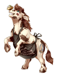 Size: 3200x4068 | Tagged: safe, artist:gaelledragons, oc, oc only, oc:kie dough, hybrid, pony, apron, baker, chubby, clothes, cow tail, cute, desert, fat, keep calm, keep calm and carry on, male, rearing, simple background, smiling, solo, stallion, transparent background, unshorn fetlocks