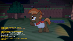Size: 853x480 | Tagged: safe, artist:jan, edit, button mash, don't mine at night, g4, chat, dialogue, haiku, implied crackle pop, implied death, implied dinky, implied kettle corn, implied sweetie belle, minecraft, program bug, text