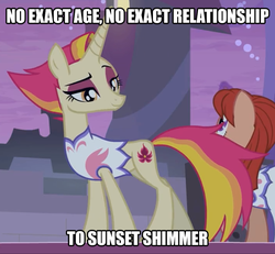 Size: 1461x1351 | Tagged: safe, edit, edited screencap, screencap, fire flare, hot streak, pony, unicorn, g4, the summer sun setback, clothes, concave belly, cropped, eyeshadow, female, implied sunset shimmer, makeup, mare, night, raised eyebrow, slender, solo focus, text edit, thin