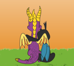 Size: 3380x3000 | Tagged: safe, artist:rainbowbacon, oc, oc:steel crescent, changeling, dragon, changeling oc, crossover, daily dose of pony cuteness, high res, interspecies, requested art, shipping, spyro the dragon, spyro the dragon (series), sunset