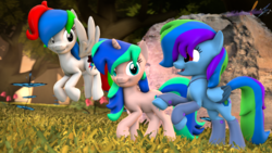 Size: 3840x2160 | Tagged: safe, artist:melodismol, oc, oc:aurora azure, oc:electric mist, oc:mythic speed, pegasus, pony, unicorn, 3d, flying, forest, happy, high res, scenebuild, source filmmaker, walking