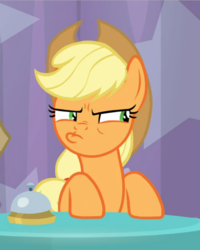 Size: 656x820 | Tagged: safe, screencap, applejack, matilda, earth pony, pony, a trivial pursuit, g4, season 9, bell, cropped, faic, female, lidded eyes, mare, narrowed eyes, offscreen character, pouting, silly, silly pony, table, who's a silly pony