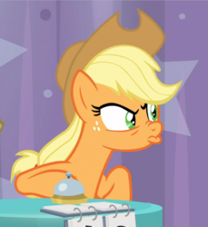 Size: 798x871 | Tagged: safe, screencap, applejack, matilda, earth pony, pony, a trivial pursuit, g4, season 9, angry, applejack is not amused, bell, cropped, faic, female, freckles, mare, offscreen character, pouting, silly, silly pony, unamused, who's a silly pony