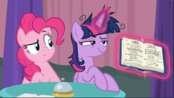 Size: 1669x941 | Tagged: safe, screencap, pinkie pie, twilight sparkle, alicorn, earth pony, pony, a trivial pursuit, g4, bell, book, cropped, duo, female, frown, glowing horn, horn, levitation, magic, mare, messy mane, raised eyebrow, smiling, smirk, smug, telekinesis, twilight sparkle (alicorn), written equestrian