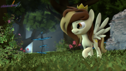 Size: 2560x1440 | Tagged: safe, artist:melodismol, oc, oc only, oc:prince whateverer, pegasus, pony, 3d, crown, forest, jewelry, regalia, scenebuild, solo, source filmmaker