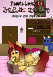 Size: 1369x1969 | Tagged: safe, artist:69beas, oc, oc only, oc:jessie feuer, alicorn, dragon, pony, comic:jlbr, alicorn oc, banana, book, collar, colored hooves, colored wings, cover photo, decoration, digital art, door, female, food, lying down, lying on bed, magic, magic aura, mare, open mouth, pillow, plushie, prone, read description, reading, smiling, solo, text, wardrobe, wings