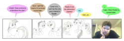 Size: 815x275 | Tagged: safe, artist:newbiespud, applejack, fluttershy, pinkie pie, rainbow dash, rarity, twilight sparkle, earth pony, pegasus, pony, unicorn, comic:friendship is dragons, g4, annoyed, comic, crossed arms, dialogue, female, flying, freckles, hat, irl, lineart, mane six, mare, photo, traditional art, unicorn twilight
