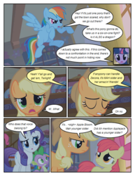 Size: 612x792 | Tagged: safe, artist:newbiespud, edit, edited screencap, screencap, apple bloom, applejack, pinkie pie, rainbow dash, rarity, spike, twilight sparkle, dragon, pony, unicorn, comic:friendship is dragons, bridle gossip, g4, bow, comic, dialogue, eyes closed, female, filly, flying, freckles, hair bow, hat, male, mare, offscreen character, screencap comic, unicorn twilight