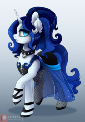 Size: 842x1200 | Tagged: safe, artist:arctic-fox, oc, oc only, pony, unicorn, clothes, collar, dress, ear piercing, earring, female, jewelry, looking at you, makeup, mare, necklace, open mouth, patreon, patreon logo, piercing, raised hoof, see-through, simple background, solo, stockings, teeth, thigh highs