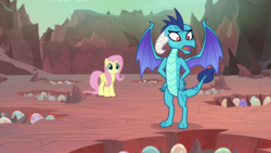 Size: 1920x1080 | Tagged: safe, screencap, fluttershy, princess ember, dragon, pegasus, pony, g4, sweet and smoky, dragon egg, dragon lands, dragoness, duo, egg, female, mare