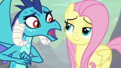 Size: 1920x1080 | Tagged: safe, screencap, fluttershy, princess ember, dragon, g4, sweet and smoky, duo, lidded eyes